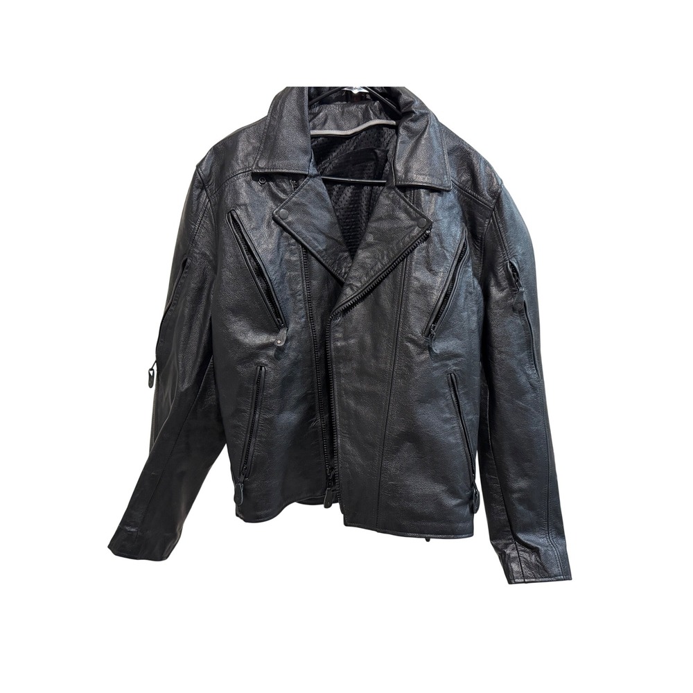 Mens Black Pebbled Leather Motorcycle Jacket Asymmetrical Zip Vented Biker L